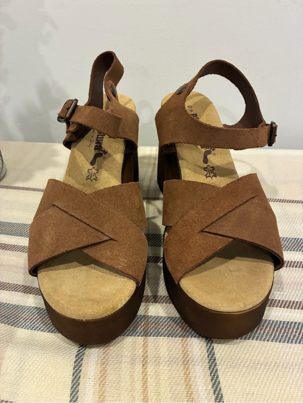 Brown Suede Platform Sandals with Crisscross Straps and Ankle Buckle